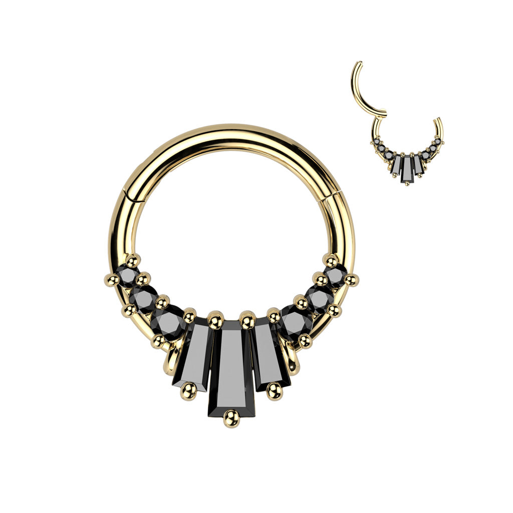 Surgical Steel Hinged Segment Ring With 3 Baguette CZ Fan